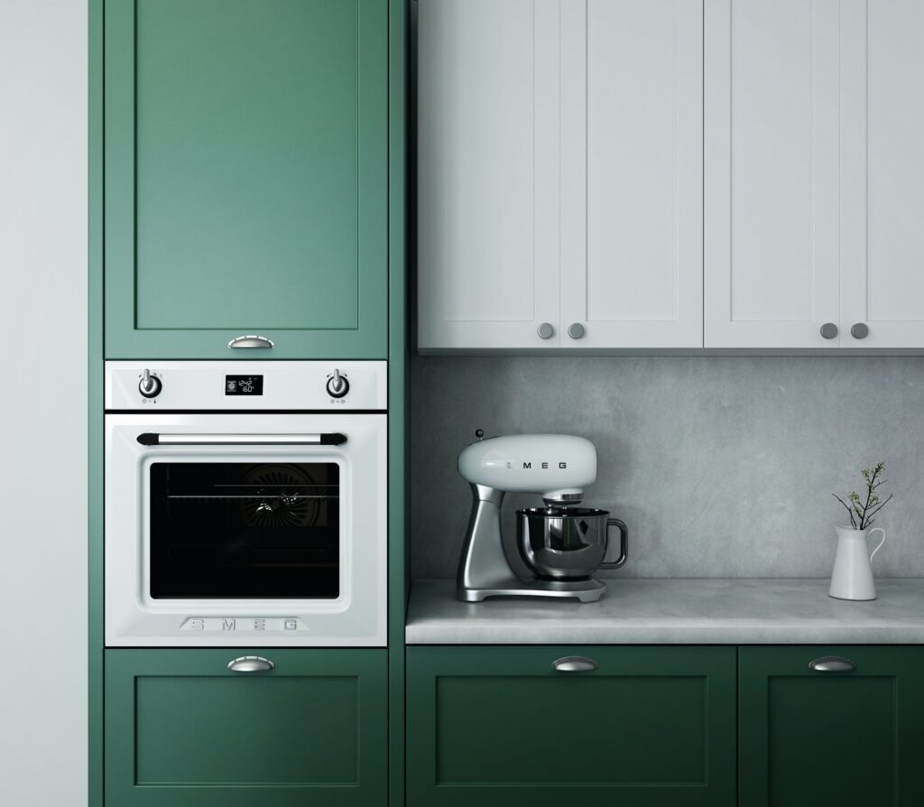 green and white combination of kitchen cabinets